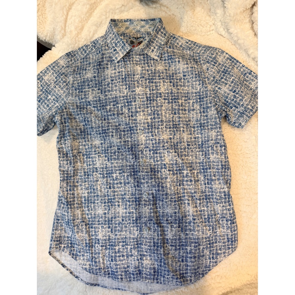 Robert Graham Mens Blue White Geometric Grid Short Sleeve Button Down Shirt M